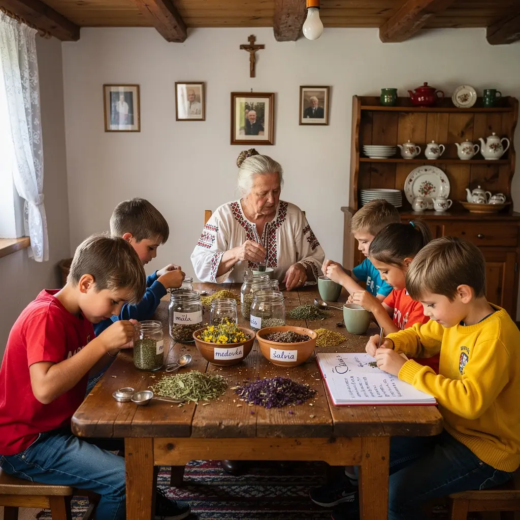 Čajová zmes v priehľadnej taške s popisom chutí a pôvodu