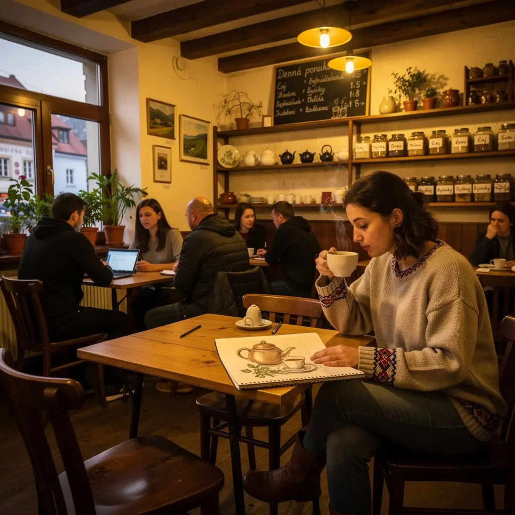 Tradičná slovenská čajová súprava s šálkami a kanvicou na pozadí prírodnej scenérie